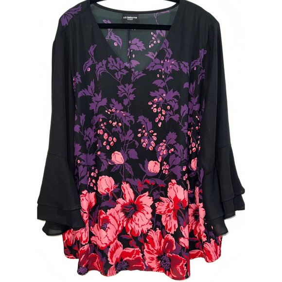 Liz Claiborne Woman 3X Black & Red Floral Blouse With 3/4 Ruffle Sleeves - Picture 1 of 4